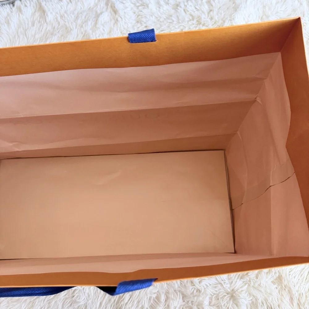 Louis Vuitton XL HTF Orange Brown Paper Gift Shopping Box Bag Blue Handle